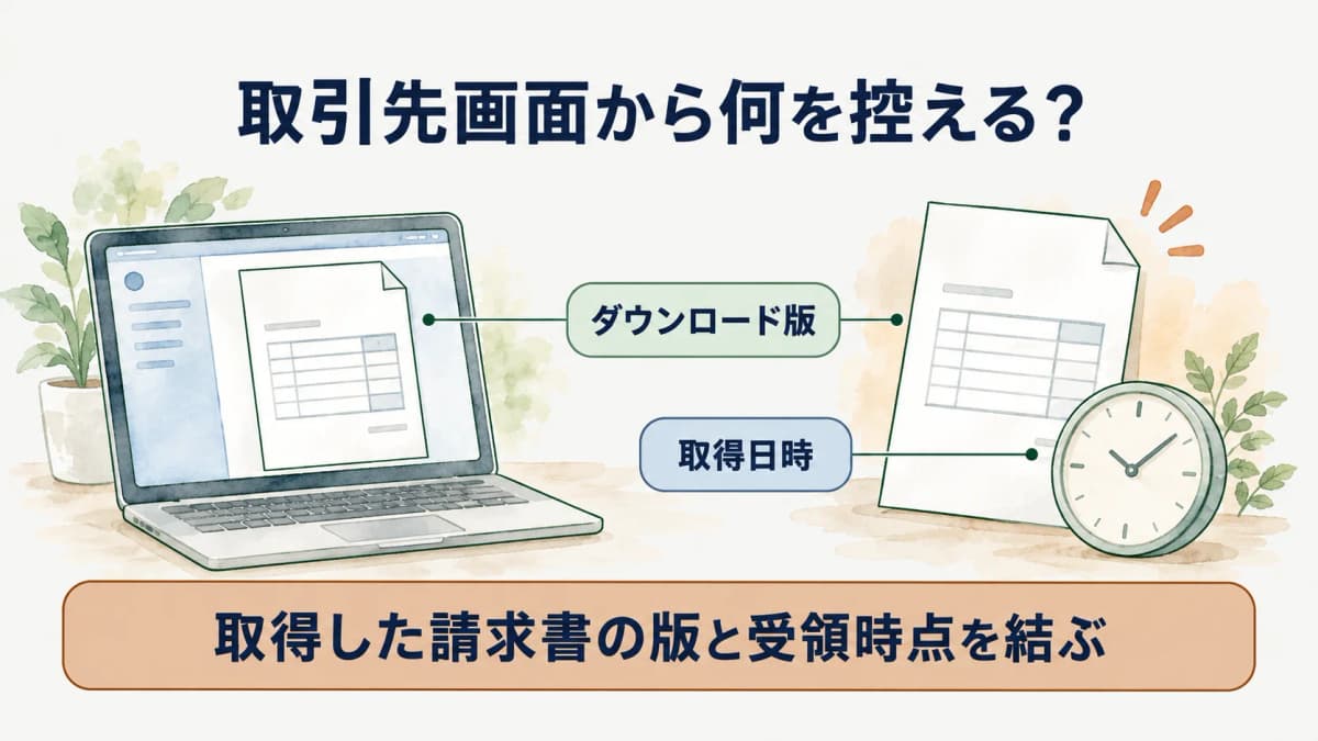 取引先画面から取得した請求書の版と保存先を示す図
