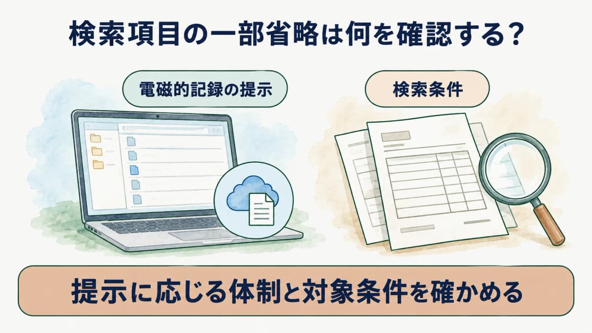 電磁的記録の提示と検索条件の一部省略を対比する図