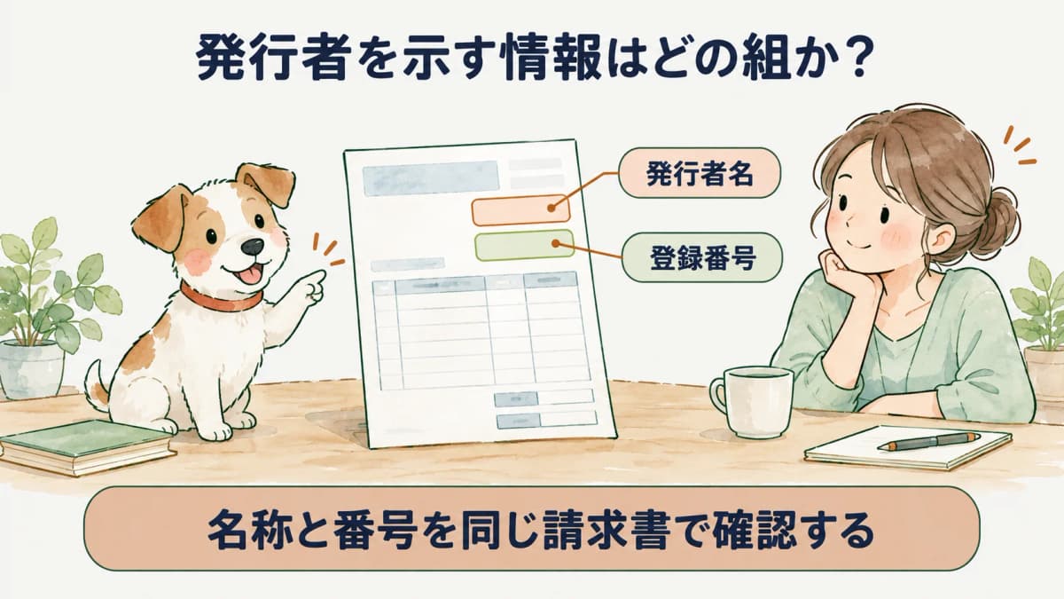 適格請求書の発行者名と登録番号を一組で照合する図
