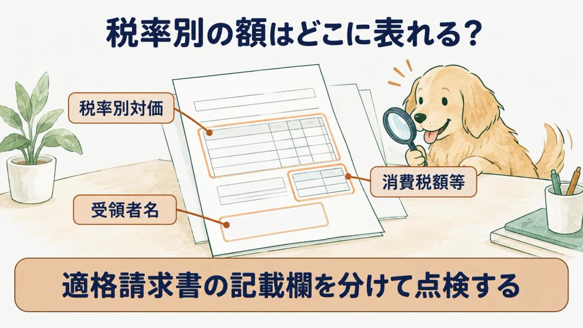 税率別の対価合計と受領者名の欄を示す図