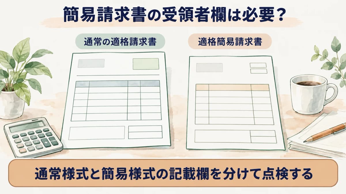 通常の適格請求書と簡易請求書の受領者名の要否を示す図